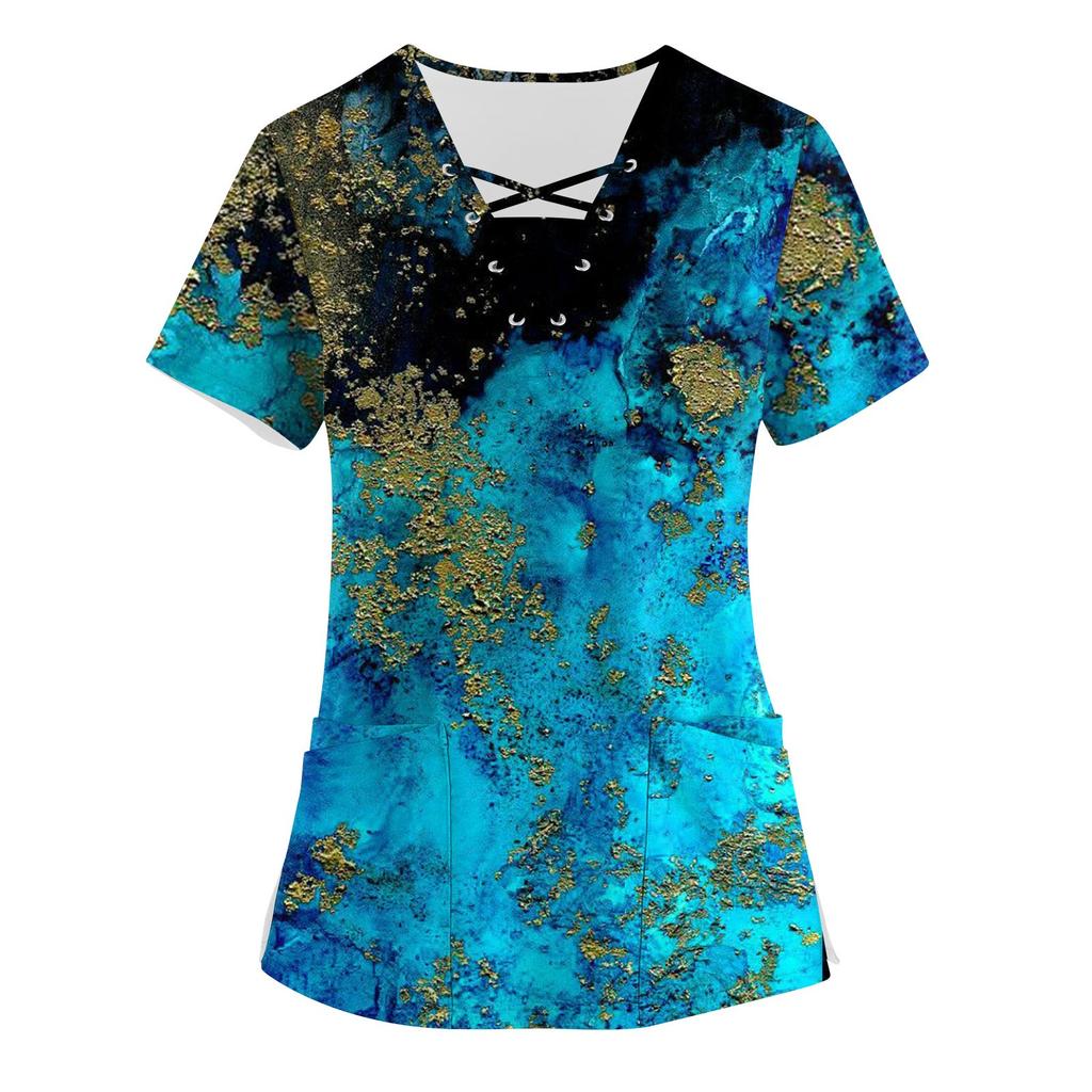 Dámská pracovní uniforma s krátkým rukávem a výstřihem do V s potiskem