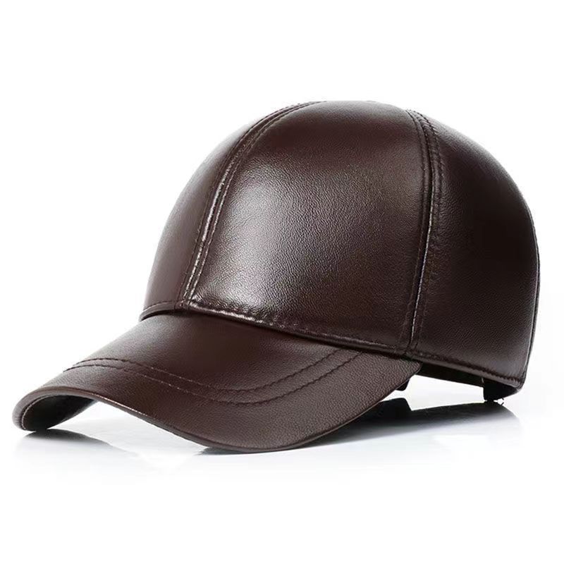 Korean Genuine Leather Cap - Autumn Winter Warm Cowhide Baseball Hat with Ear Flaps, Middle Aged Men Outdoor