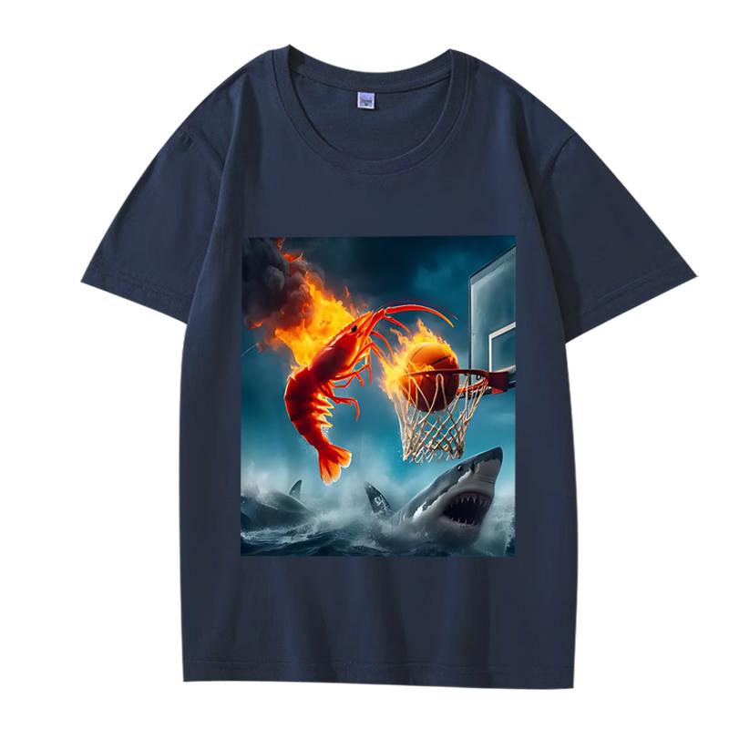 Shrimp Dunking on Shark Graphic tee Retro Fishing Meme T Shirt men women Oversized 100% Cotton  short sleeve Summer Unisextops