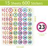 600 Pcs Number Stickers 1-40, 1" Dot Number Labels Self-Adhesive Water/Tear Resistant Removable for Classroom Office