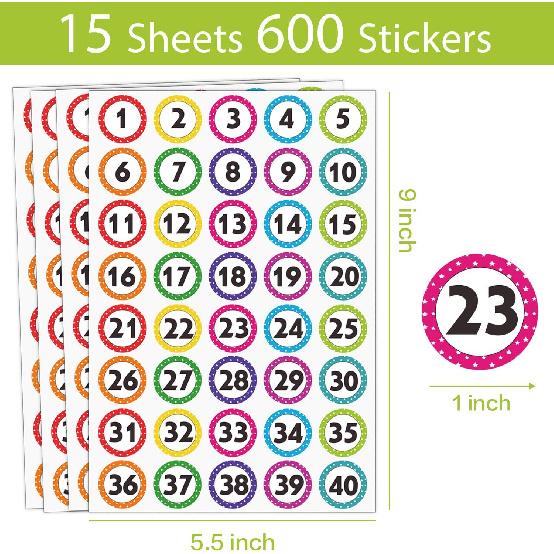 600 Pcs Number Stickers 1-40, 1" Dot Number Labels Self-Adhesive Water/Tear Resistant Removable for Classroom Office