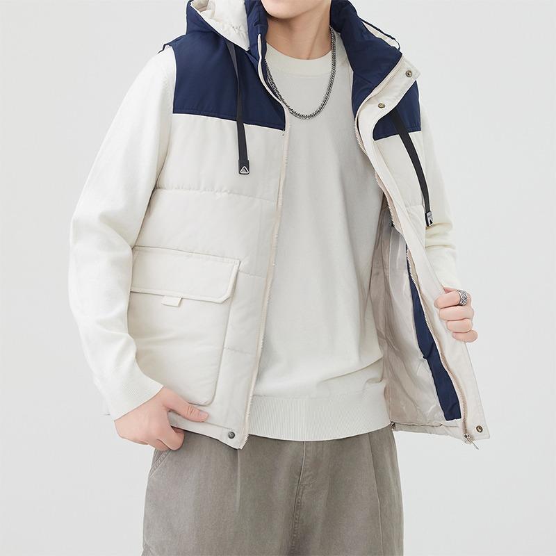Men's Contrast Color Hooded Zipper Cardigan Pocket Fashion Loose Casual Jacket Vest Top