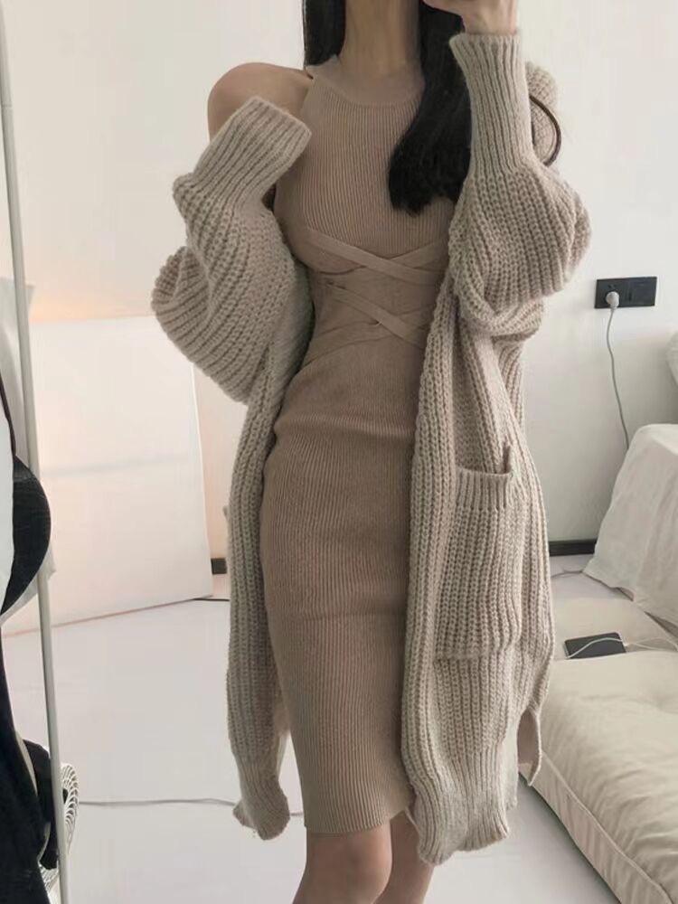 

Свободный однотонный кардиган средней длины с рукавами-фонариками 2022 года — осень/зима, корейский стиль, большие размеры. One Size абрикосовый