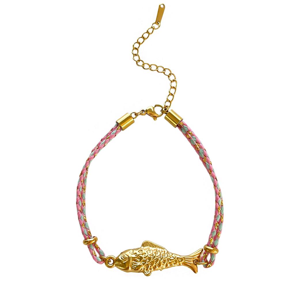 Handmade Woven Lucky Fish Bracelet Lucky Fish Bracelet 18K Gold Plated Fish Charm Woven Chain Bracelet