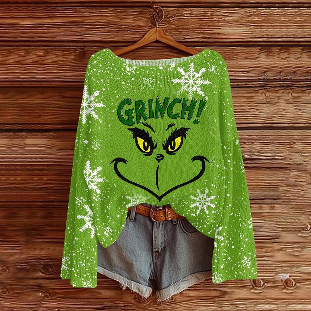 Women's Round Neck Lightweight Sweater Casual Long Sleeve Christmas Print Knit Pullover.