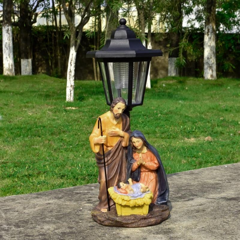 Solar Light Nativity Manger Scene Resins Sculpture Holy Family Ornament For Outdoor Garden Christian Home Decoration