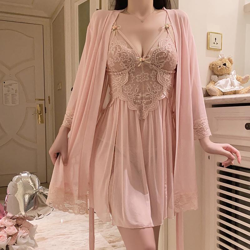 Women Erotic Lingerie Sets Sexy Deep V Backless Strap Slip Dress Thong Porn Mesh Perspective Lounge Comfortable Clothing