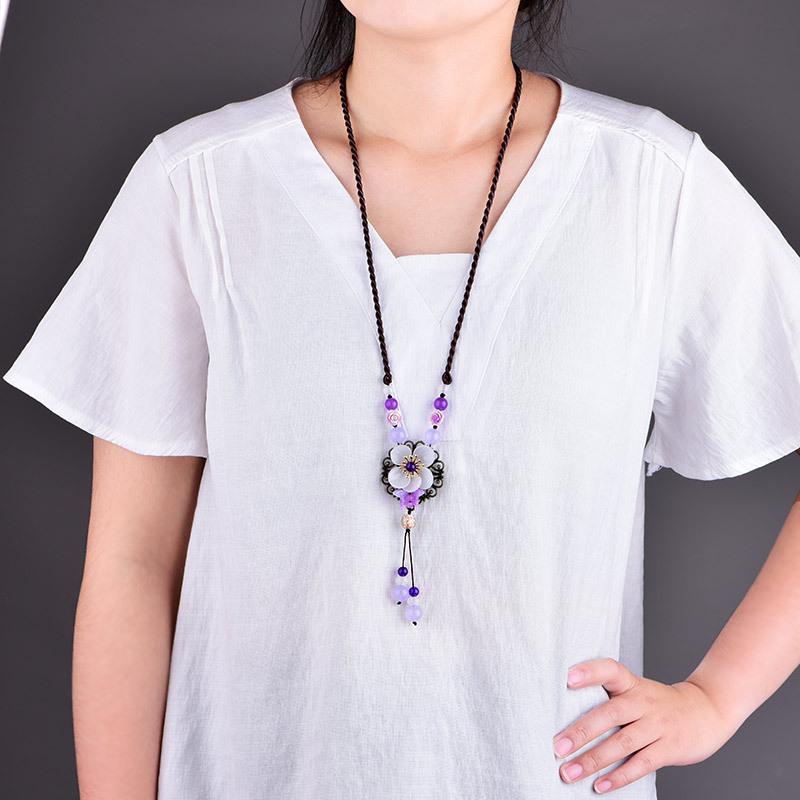GEMCHIC Women's Ethnic Style Long Sweater Necklace with White Jade Flower Pendant, Retro Glass Beads Tassel Chain for Autumn Winter Fashion