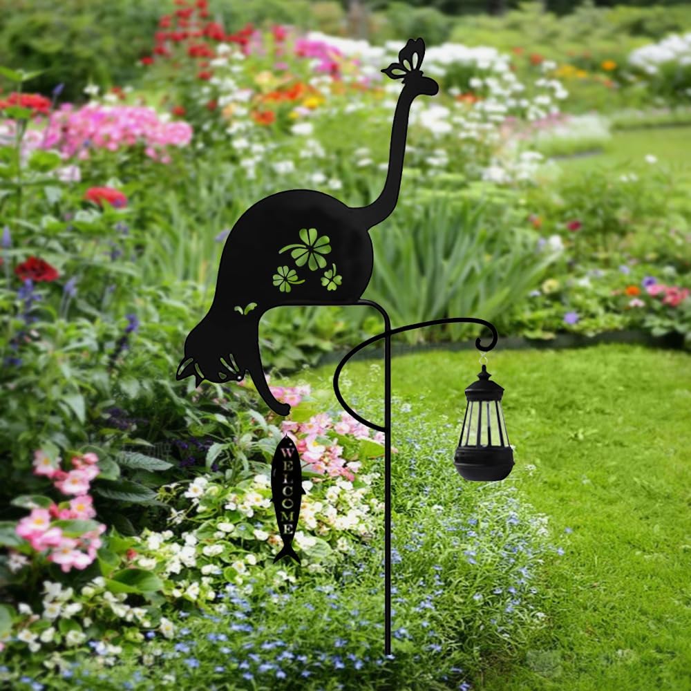 YZYOE Solar Black Cat Fishing Garden Decorative Iron Art Cute Cat Fishing Wireless Dusk To Dawn LED Landscape Light, Light, Light, Waterproof.
