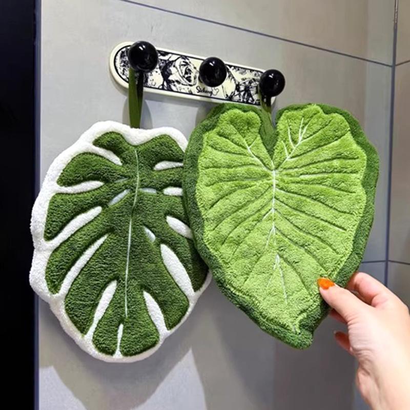 Decorative Leaf Hand Towel Tropical Plants Kitchen Towel Super Absorbent Handkerchief Quick-Dry Bathroom Towel with Hanging Loop