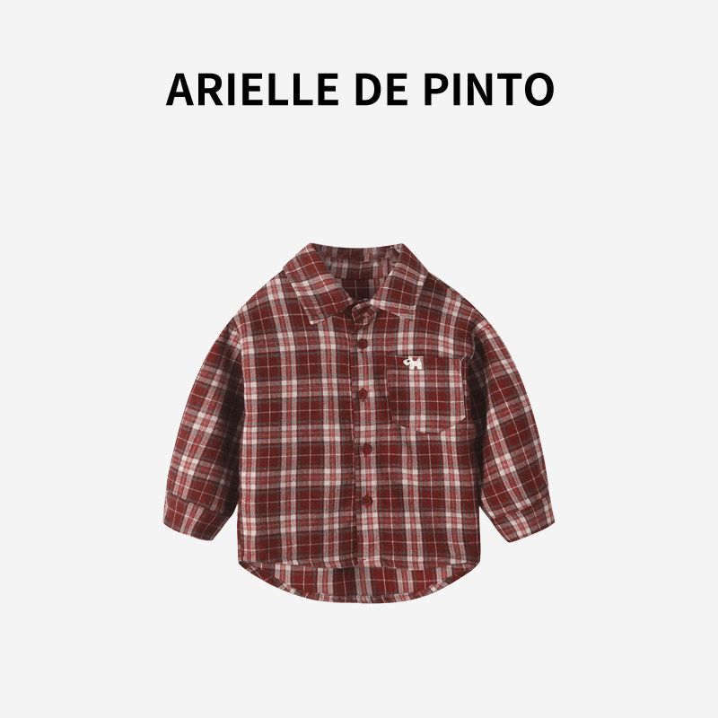 French Arielle De Pinto Girls  Shirt Spring Red Plaid Loose Casual Long-Sleeved Top Jacket Red 140