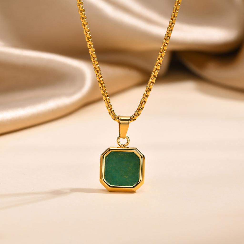 Stainless Steel Rectangle Natural Stone Pendant Necklaces, Minimalist Dainty Chain Necklace, Luxury Fashion Jewelry For Men Gift