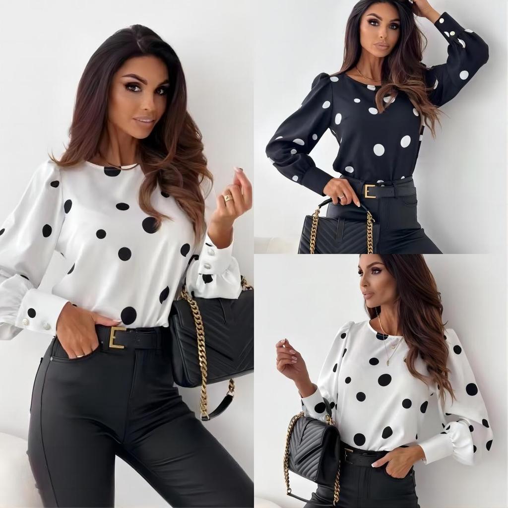 2023 Women's Autumn Polka Dot Long Sleeve Round Neck Blouse
