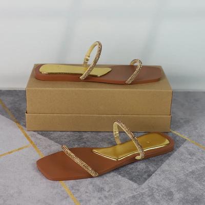 Fashion Luxury Designer Women's Slippers Summer Thin Band Flat Slides 2025 New Fashion Woman Sandals Square Toe Shiny Ladies Beach Shoes