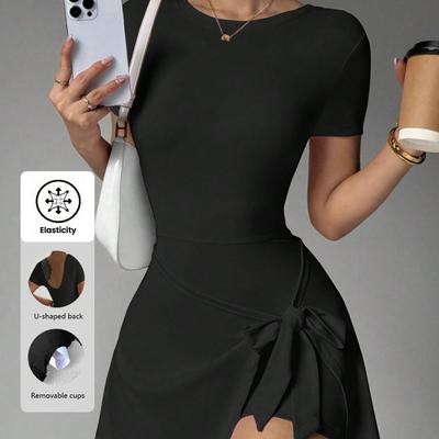Casual Yoga One Piece Short Skirt Tight Back Support Fake Two Piece Outdoor Fitness Anti Exposure Sports Tennis Dress Fashion Elegant Beach Wear