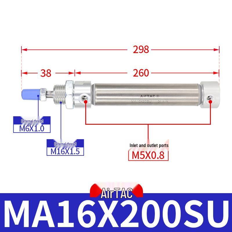 AirTAC Stainless Steel Mini Cylinder MA Series - Sizes: 16/20/25/32 mm x 15/25/30/50/75/100/125-SU