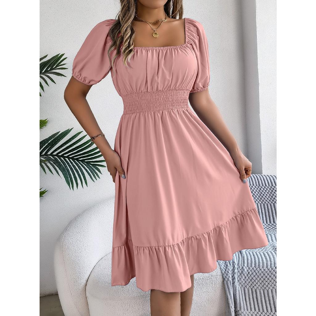 GMXIA Spring and Summer Casual Square-neck Short-sleeved, Waist-cinched, Ruffled A-line Skirt Women's Clothing