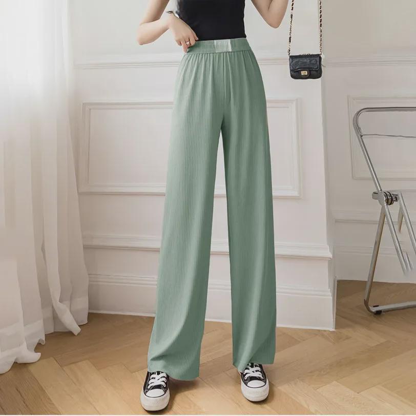 

Женские брюки Bingbing Ice Silk с высокой талией и широкими штанинами — повседневный облегающий крой на весну/лето One Size (40-70 kg) зелёный