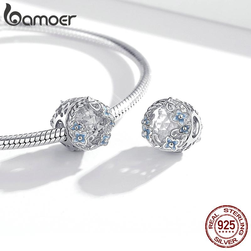 BAMOER 925 Sterling Silver Secret Garden Glass Hydrangeas Charm Beads for Original 3mm Bracelets & Necklaces