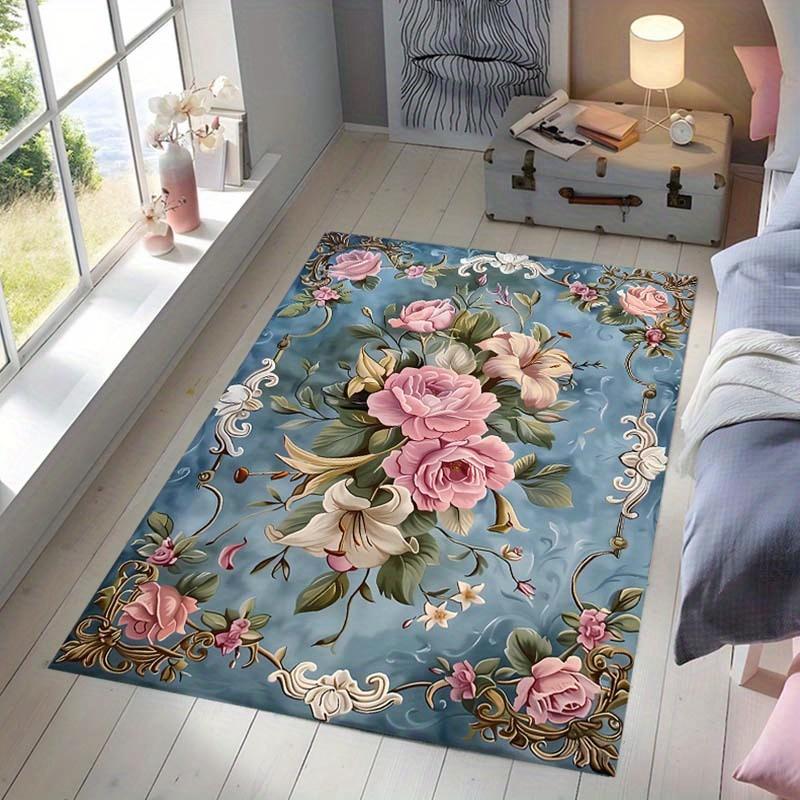 

Inch Crystal Velvet Area Mat - Non-Slip Soft Polyester Floor Mat, Elegant Blue Floral with Intricate Pink & White Flow 60x90cm