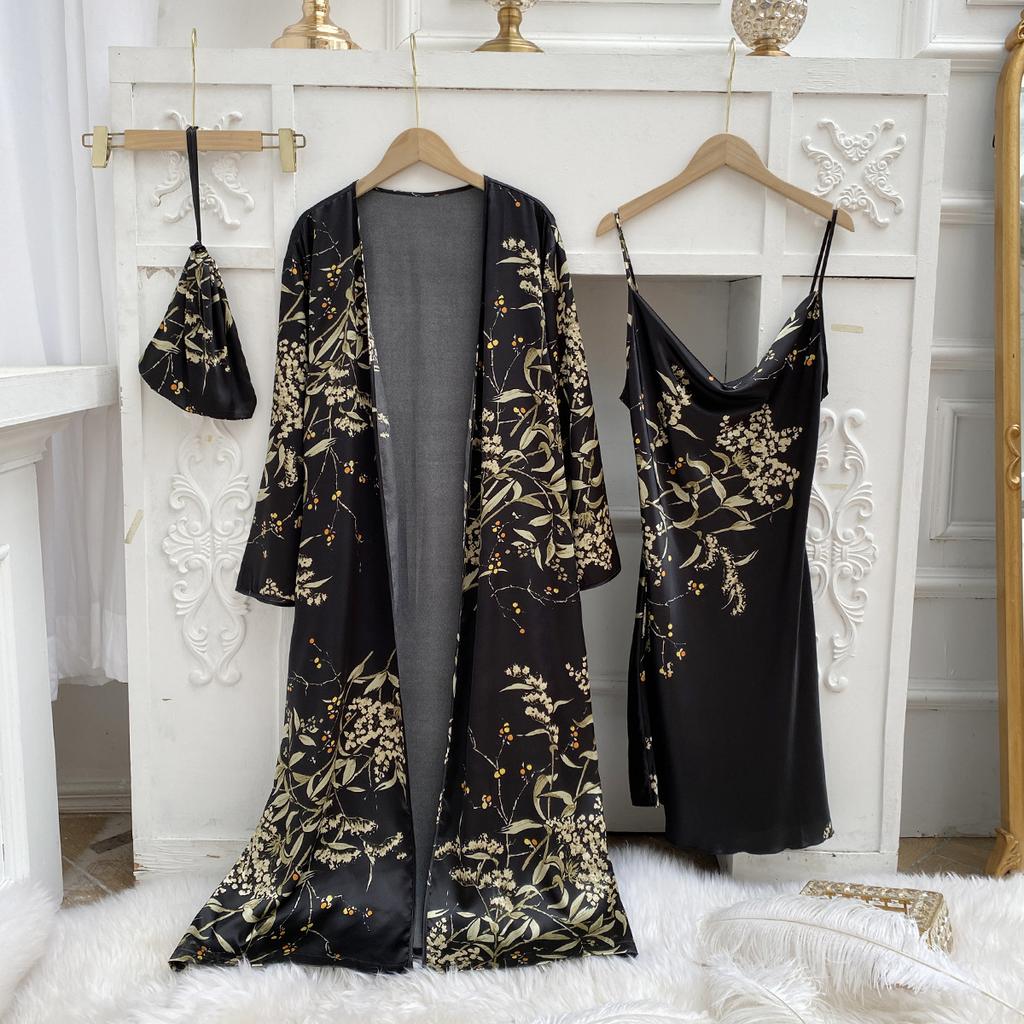 Sleep Print 2pcs Suit Robe Women Bridal Kimono Bathrobe Gown Lingerie Satin Vneck Sleepwear Strap Nightgown Loungewear