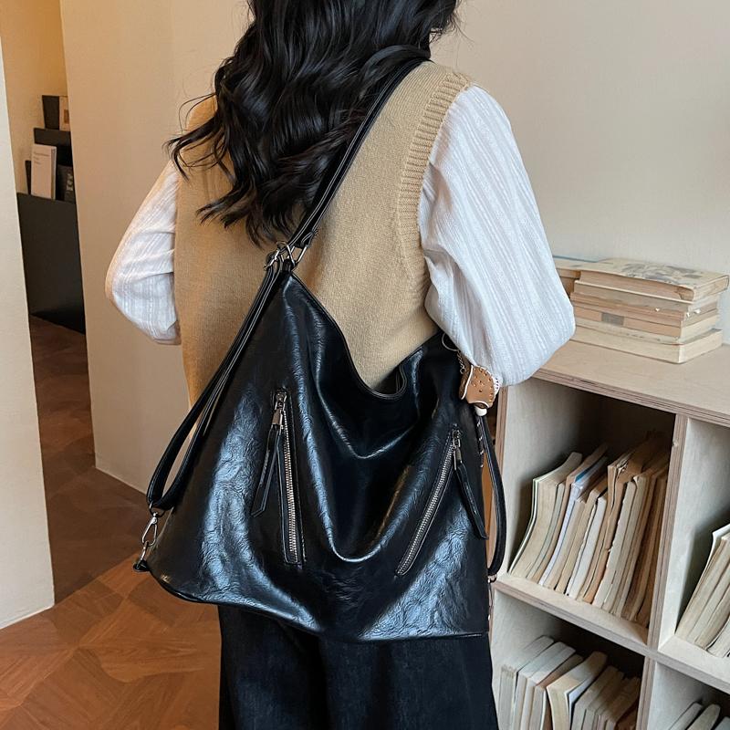 Leather Hobo Bag Women's Fashion Shoulder Tote with Dual Zip Pockets and Adjustable Strap