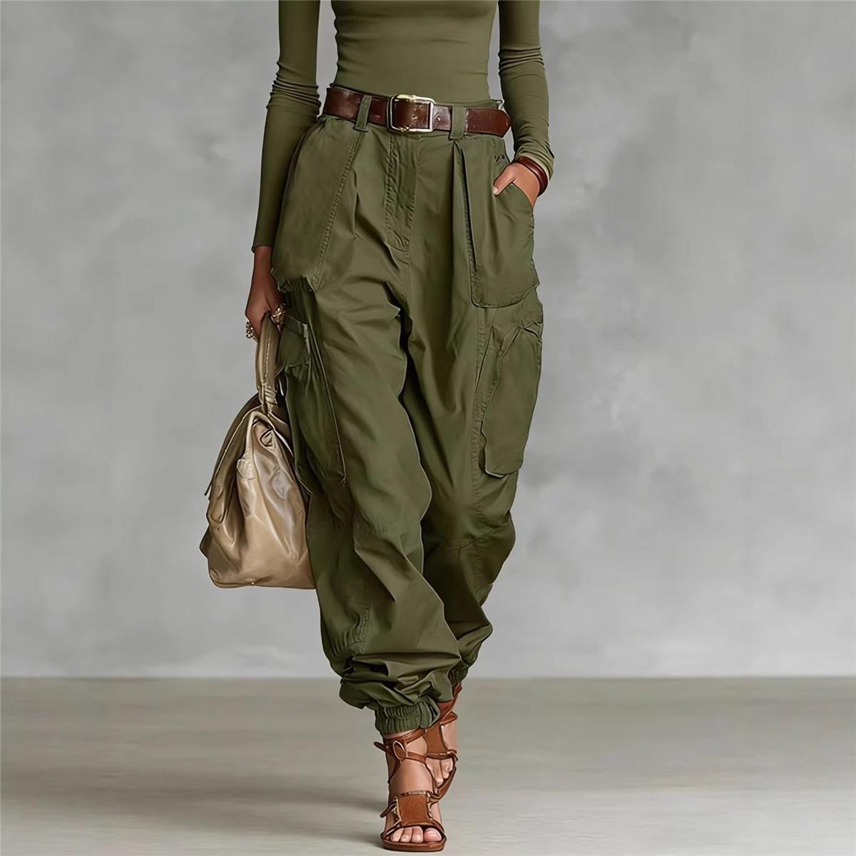 Dames Hoge Taille Cargo Broeken Multi-Zakken Losse Harem Broeken Trekkoord Enkelbanden Casual Streetwear XXL legergroene kleur