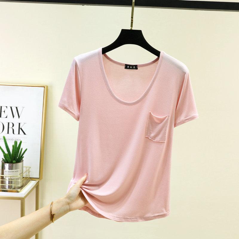 Women's U Neck T-Shirt 2026 Summer Modal Basic Short Sleeve Tshirts Loose Fit Relaxed Casual Tee Tops Solid Pocket Tees