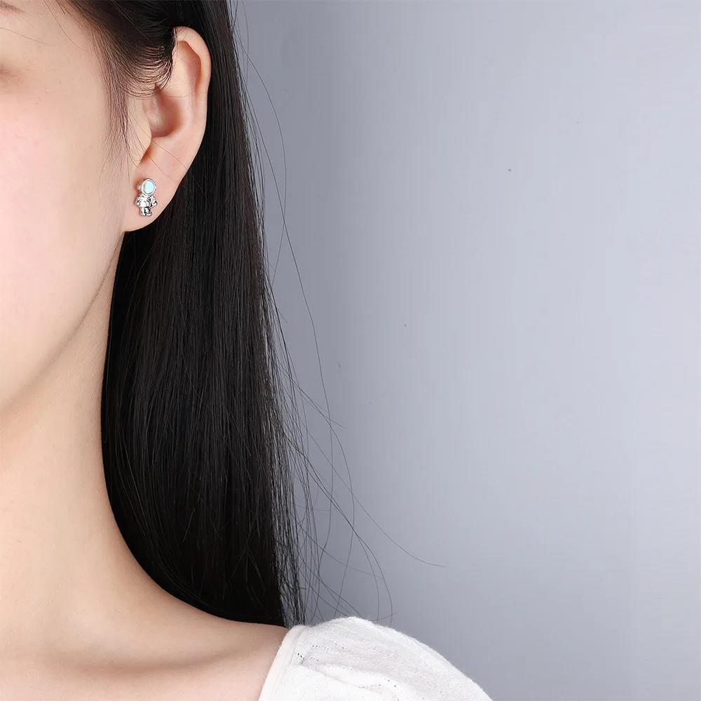 New Silver Plated Female Earrings Asymmetric Cute Space Astronaut Planet Opal Stud Earrings for Women Ear Piercing Jewelry