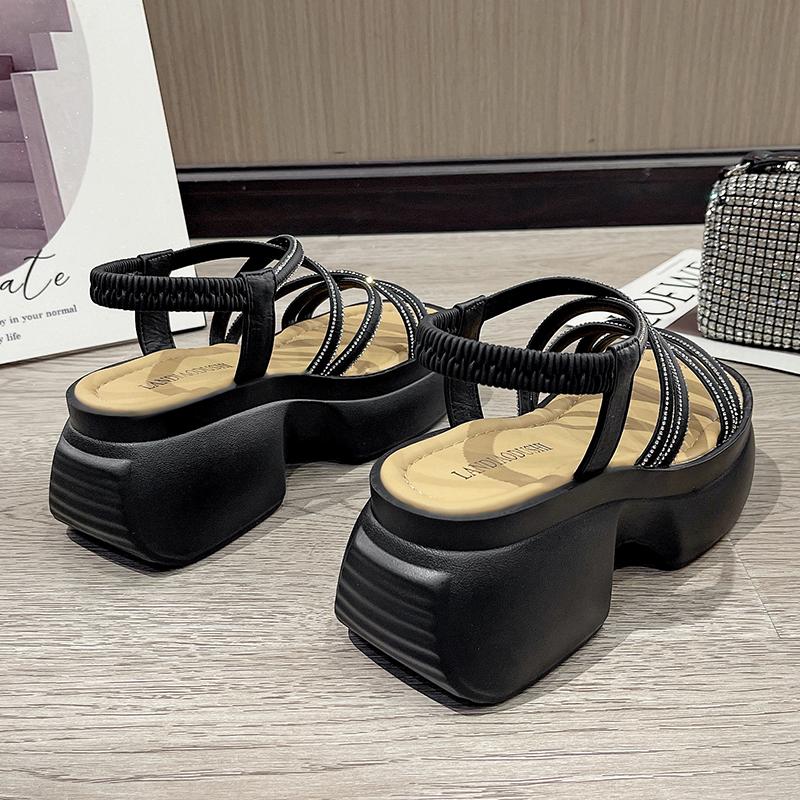 8CM Riemchen mit Kreuzmuster Keilabsatz Sandalen Frau Sommer Bling Klobige Plateau Slingbacks Damen Hausschuhe Dicke Sohle Pantoletten Zehentrenner