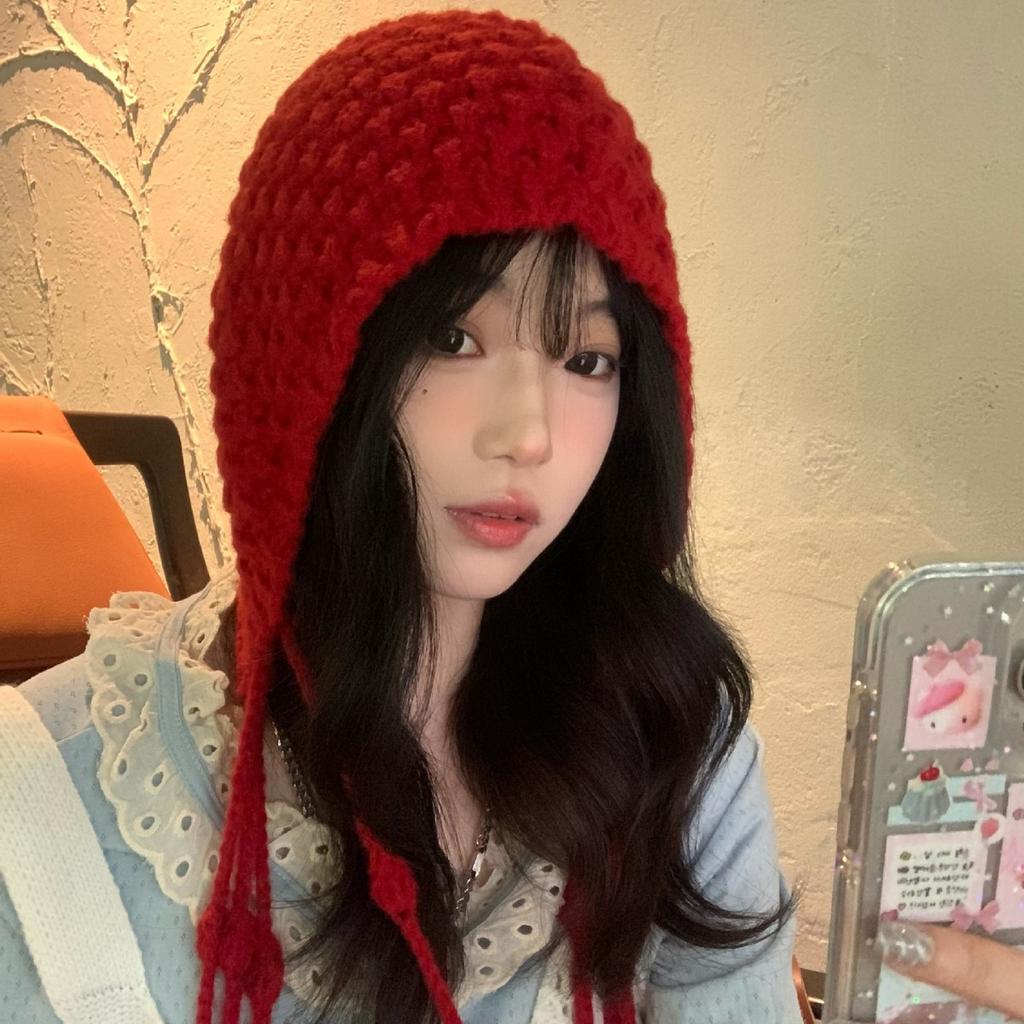 Autumn and Winter Warm Wool Hat Hand Knitted Hollow Head Hat for Women's Ethnic Style Tassel Ear Protection Head Knit Hat