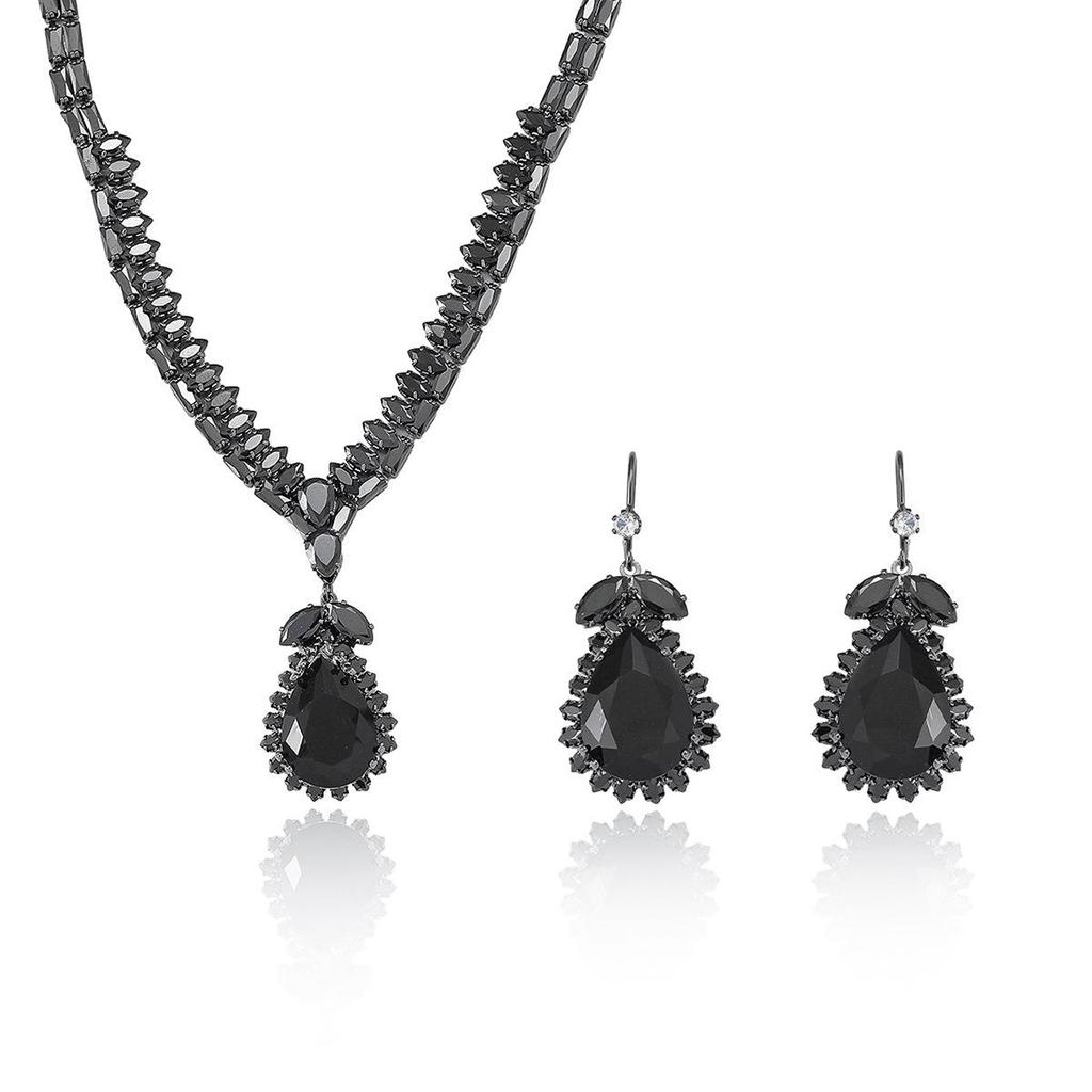 European & American Style Zircon Black Tulip Necklace and Earrings Set