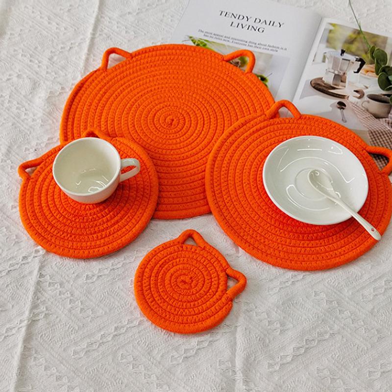 1Pc Cotton Rope Woven Insulation Pad Design Dining Table Tray Mat Insulation Pad Cartoon Cat Ear Shaped Solid Color Dining Table