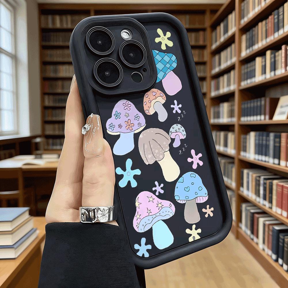 Pastel Cute Mushroom Stickers Soft TPU Phone Case for iPhone 17 16 15 14 13 12 11 Pro Max Plus Shockproof Anti-Slip Cover