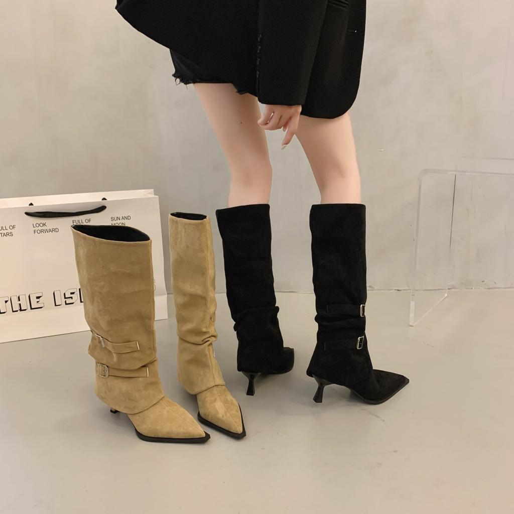 2025 Autumn and Winter New Pointed But Knee Belt Buckle Thin Heel Medium Heel Boots High Heel Boots High Boots Brown Velvet