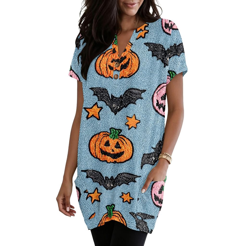 Women V Neck Pullover Top with Halloween Themed Print Short Sleeve Tunic Shirt Casual Loose Fit with Pocket Design