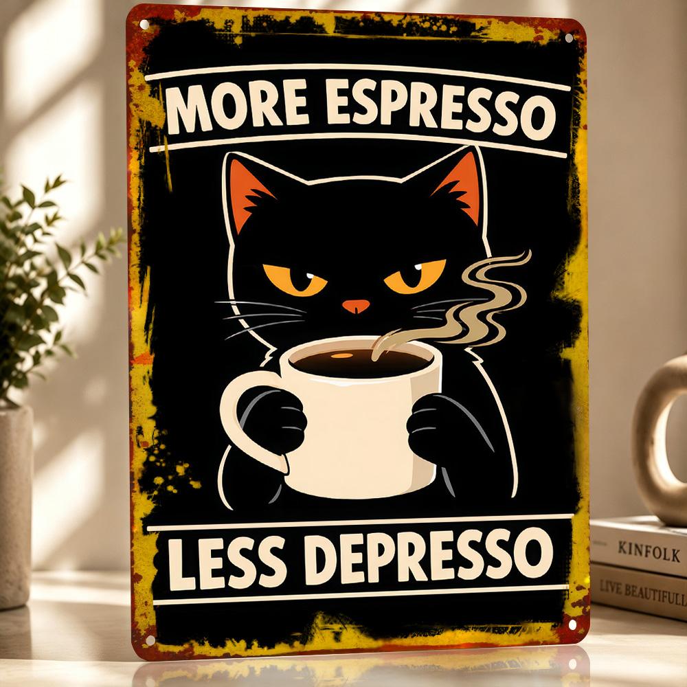 Black Cat With Espresso Personalized D Textured Metal Poster Wall Art Vintage Tin Signs for Living Room Decoration Items Decor