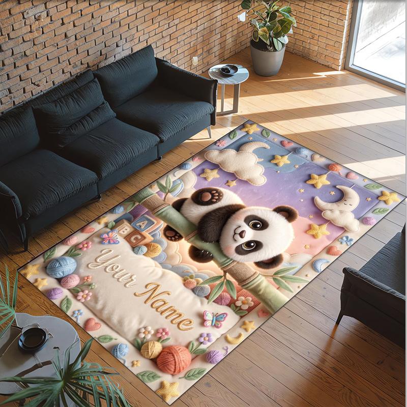 Panda Theme Crystal Velvet Rug Personalized Custom Name Text Soft Floor Mat Home Decor