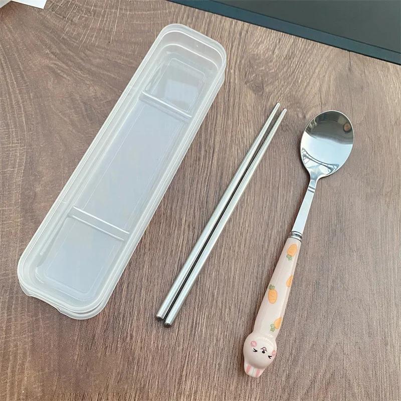 Stainless Steel Cartoon Knife Fork Spoon Kitchen Dinnerware Animals Glossy Ceramic Handle Set With Box For Dessert Steak