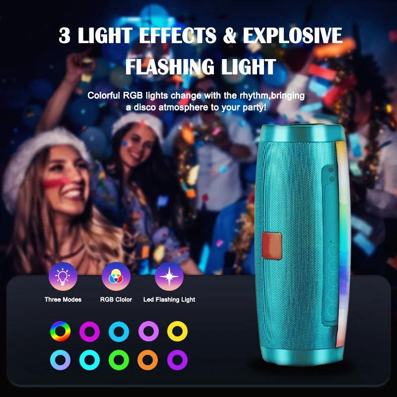 Portable Bluetooth Speaker with Colored LED Lights Outdoor 3D Stereo Bass Glow-in-the-dark Speaker FM/TF