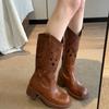Embroidery v-mouth thick-soled thick-heeled western cowboy boots women's 2025 new retro round head hollow Martin boots high boots