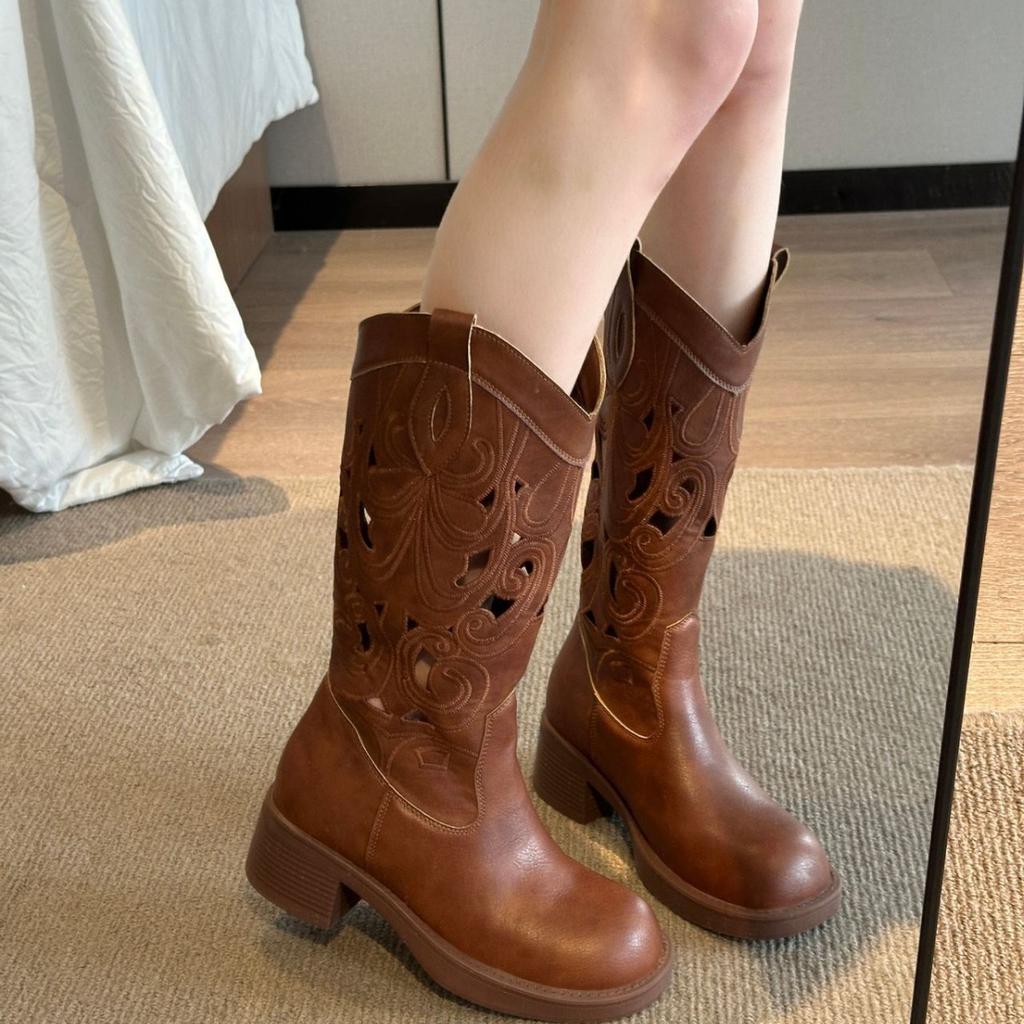 Embroidery v-mouth thick-soled thick-heeled western cowboy boots women's 2025 new retro round head hollow Martin boots high boots