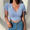 Y2k Style Summer Retro Floral V-neck Crop Top Slimming Wild High Waist Streetwear Tshirt Short Sleeve Women's T-shirt