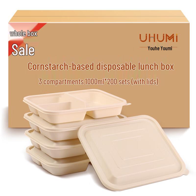 Biodegradable 3-Compartment Corn Starch Food Container with Lid