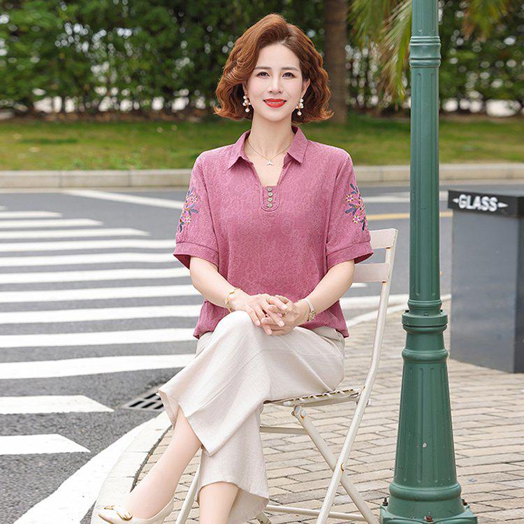 Women's Casual Summer Lapel T-Shirt - Short-Sleeved, Thin, Loose Fit for Middle-Aged and Elderly