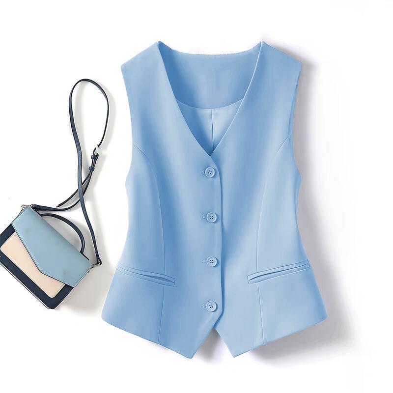 2025 Spring Elegant Collarless Single-Breasted Polyester Cardigan Vest with Pockets for Women - Commuter Style