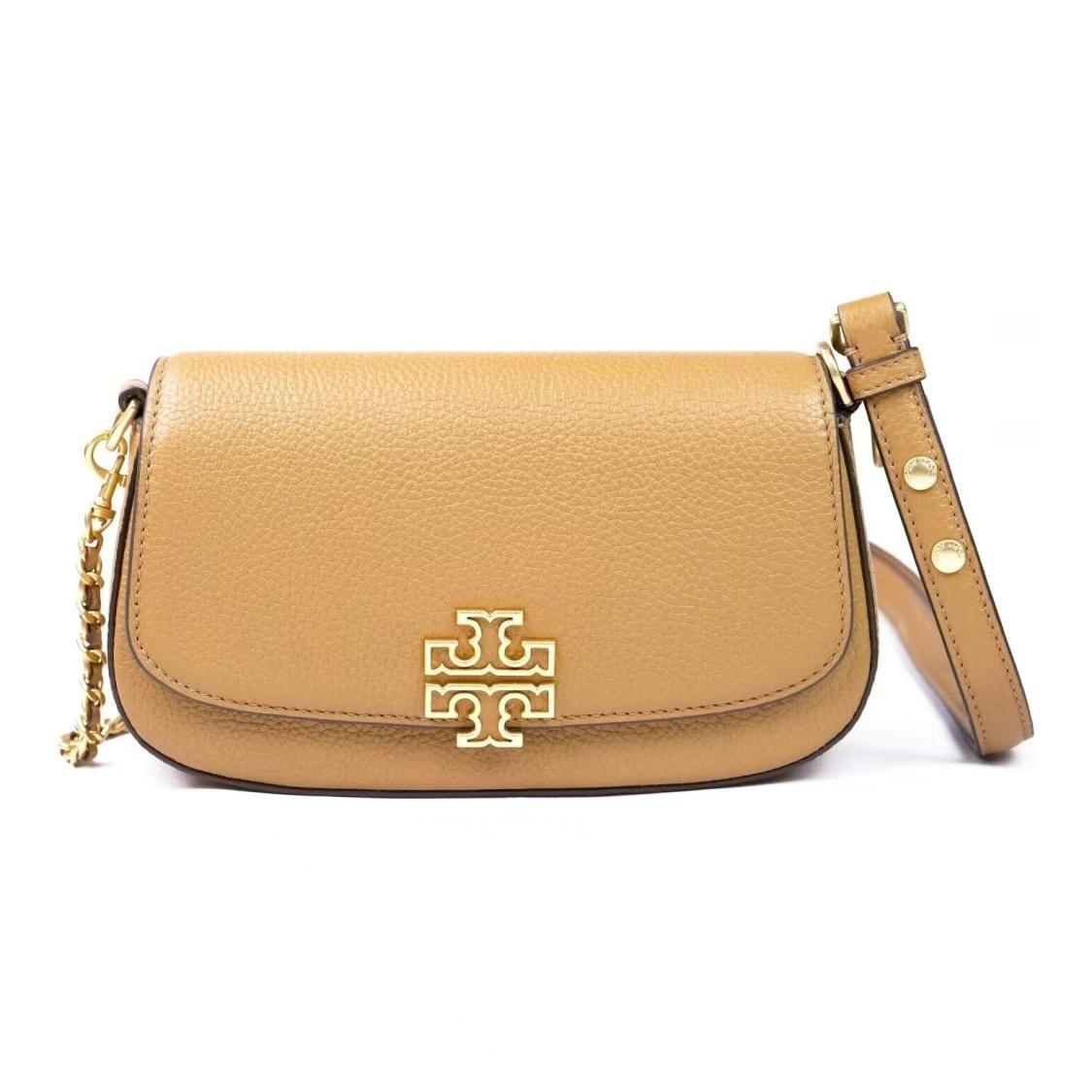 

Tory Burch Britten Double T Logo Flap Leather Shoulder Tote Crossbody Bag Medium Women Bags Light-Brown 138772909 Basic Set (Bag+Dust Bag)