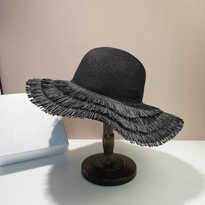Niş İnternet ünlü sosyetik rüzgar büyük saçaklı püskül hasır şapka kadın moda sahil tatil plaj şapkası güneş koruma şapkası