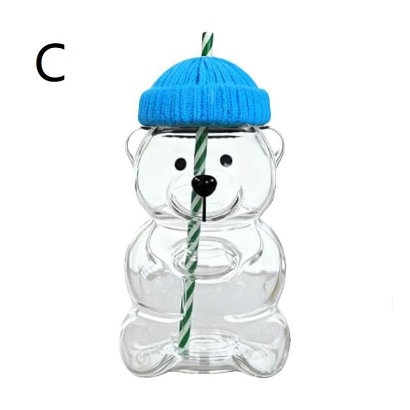 1Pcs Cartoon Bear Shaped Coffee Mug Cute Bear Mug Plastic Cup With Straw Transparent Creative Milk Coffee Water Cups