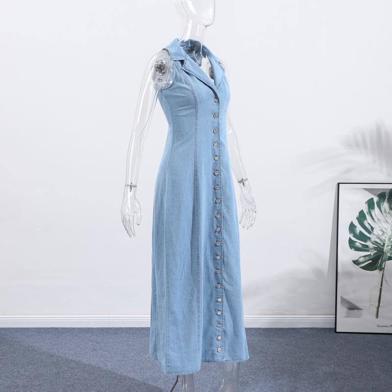 Szykowna Damska Jeansowa Obcisła Długa Sukienka Niebieska Klapy Głęboki Dekolt V Wysokie Rozcięcie Bez Rękawów Jednorzędowa Falbankowa Szata 2025 Damska Codzienna Vestido